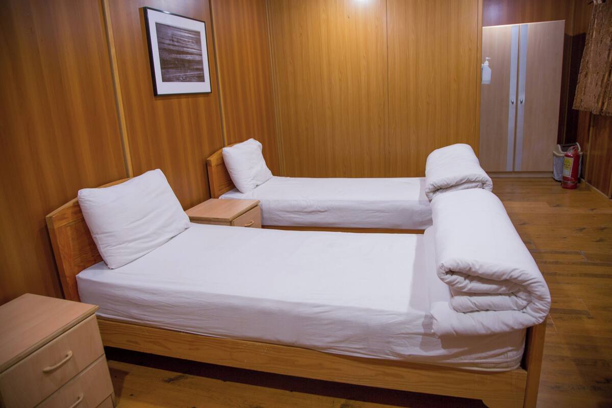 Une chambre avec deux lits simples, des murs en bois, une petite table de chevet, une commode, un tableau encadré au mur et un placard avec une porte.