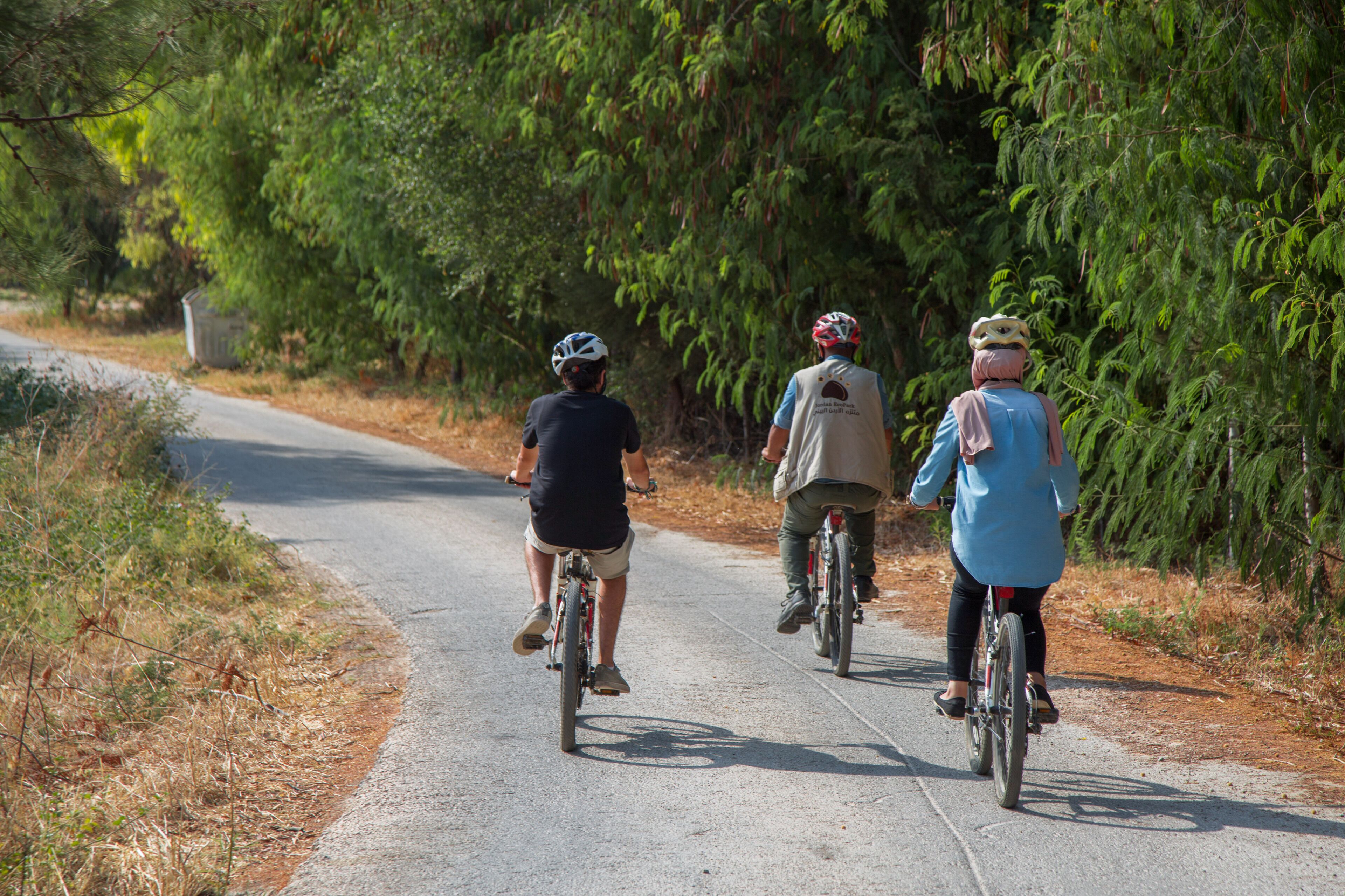 Drie fietsers op een verhard pad, omgeven door groen.