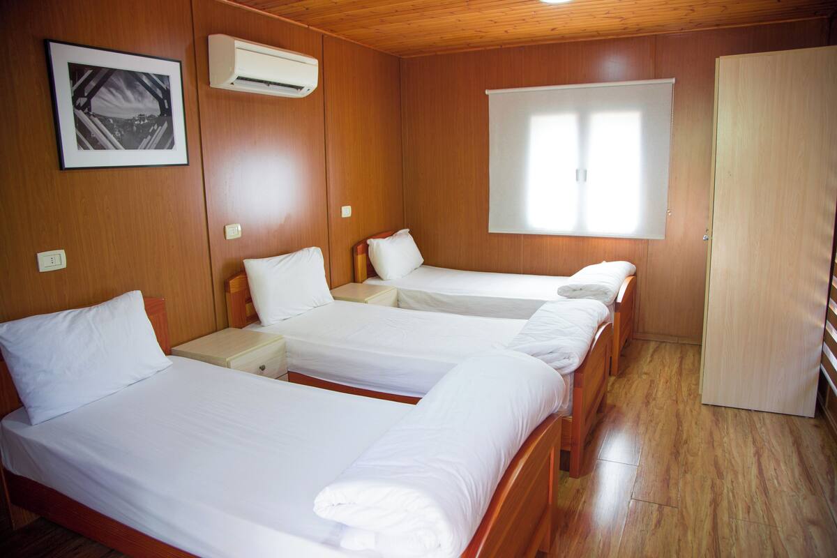 Une chambre d’hôtel avec trois lits simples, un plancher en bois, une armoire et un tableau encadré au mur.