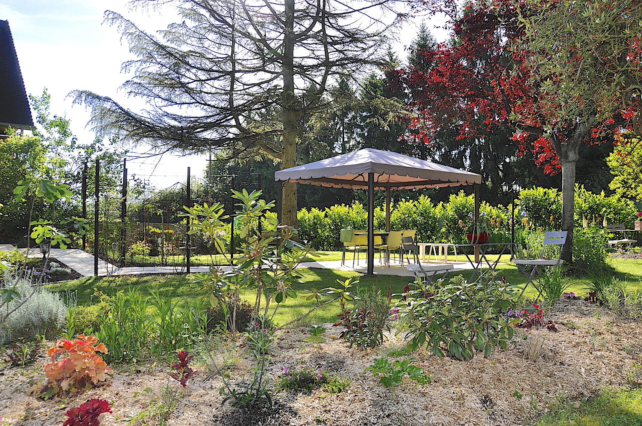 Um jardim com um gazebo, área de estar e diversas plantas.