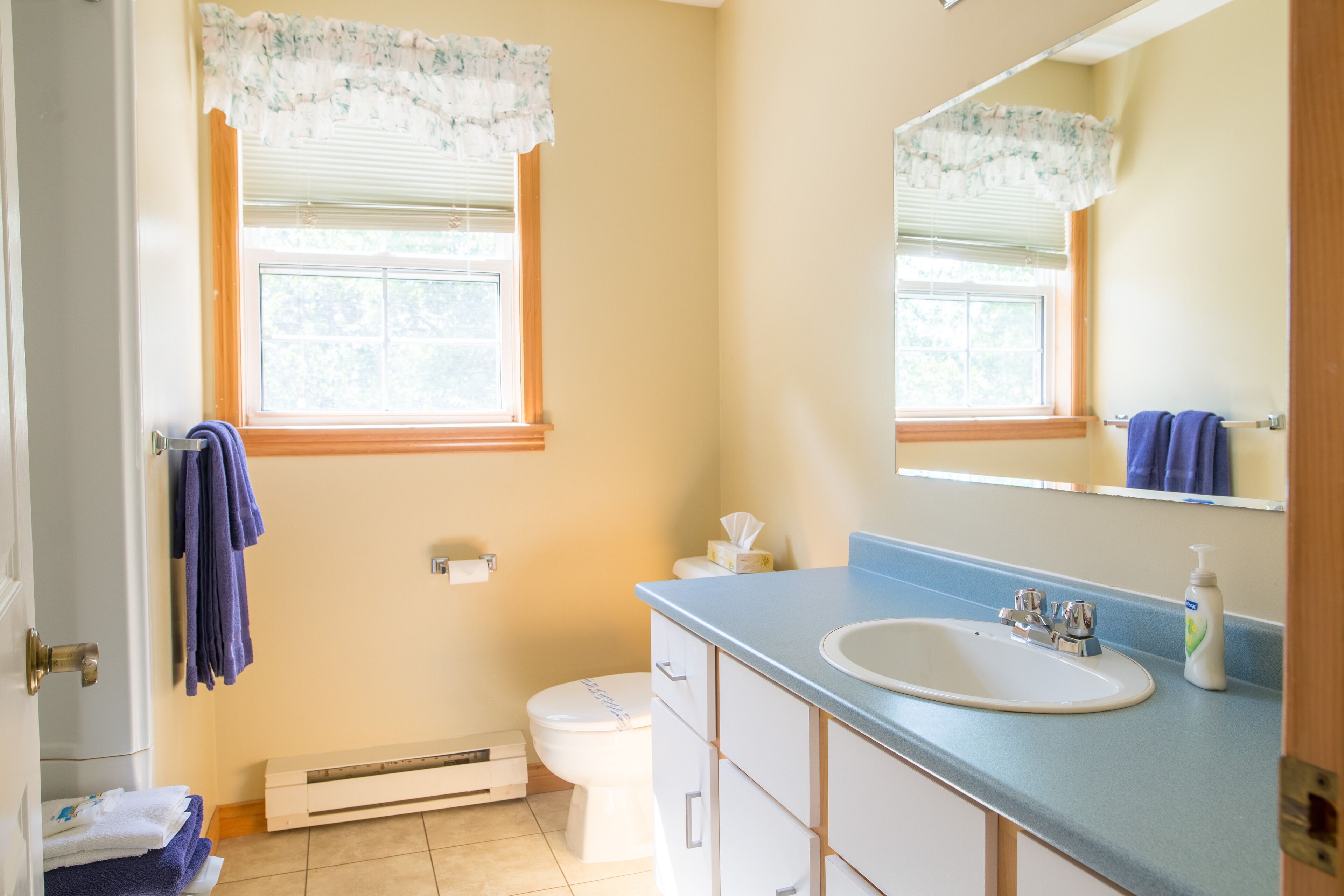 A bathroom with a toilet, sink, and a window with a floral curtain.