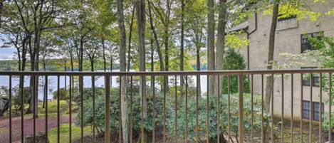 Un balcon doté d’une rambarde en métal, donnant sur un lac, entouré d’arbres et bordé d’un immeuble à la façade beige.
