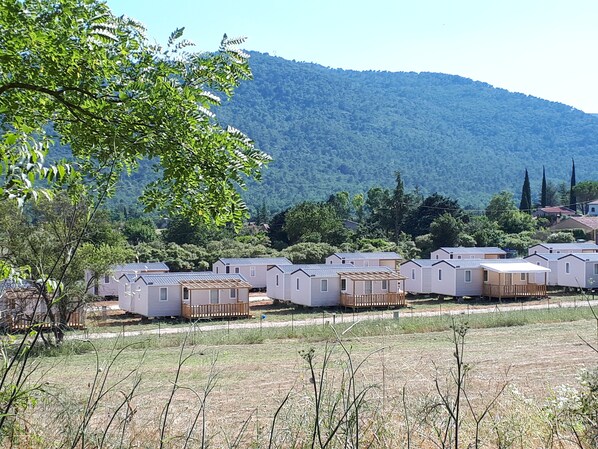 A row of mobile homes with a mountainous backdrop.