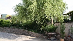 A tree-lined courtyard with a stone wall and a barrel. - Weinhof Gassen (Kröv)