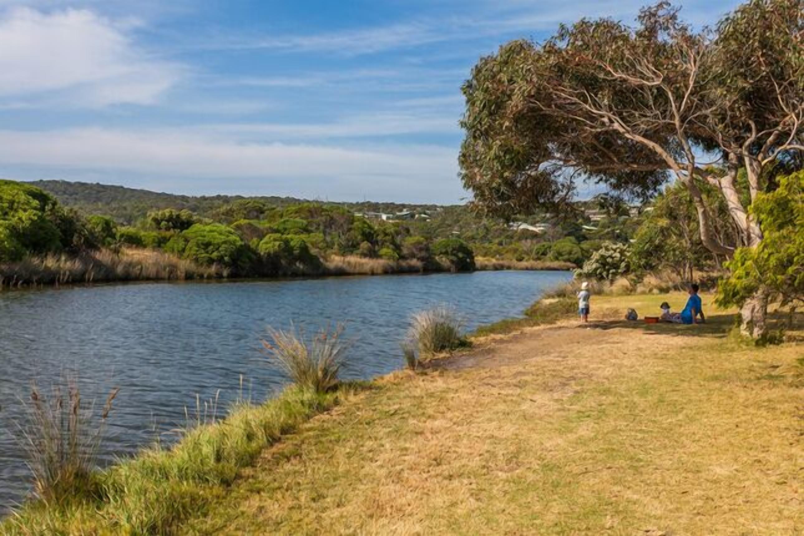 A lakeside view with a grassy area, trees, and a few people.