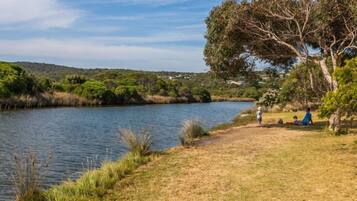 A lakeside view with a grassy area, trees, and a few people.