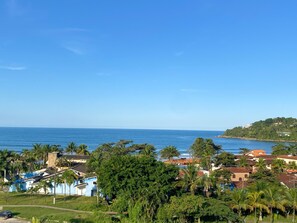 A coastal view with houses, palm trees, and a clear blue sky.