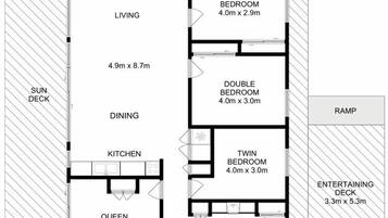 A floor plan with a living area, dining space, kitchen, two queen bedrooms, a double bedroom, a twin bedroom, a bathroom, and an entertaining deck.