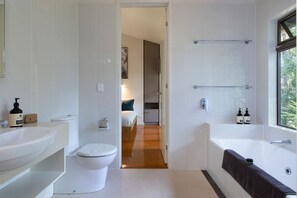 Shower, bathrobes, towels