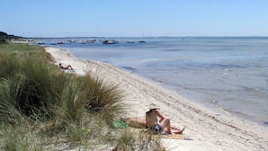 Une plage où une personne est assise sur une serviette, avec des bateaux sur l’eau et des dunes herbeuses.