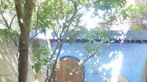 Un patio empedrado con una puerta de madera, un ventanal pequeño y una mesa.