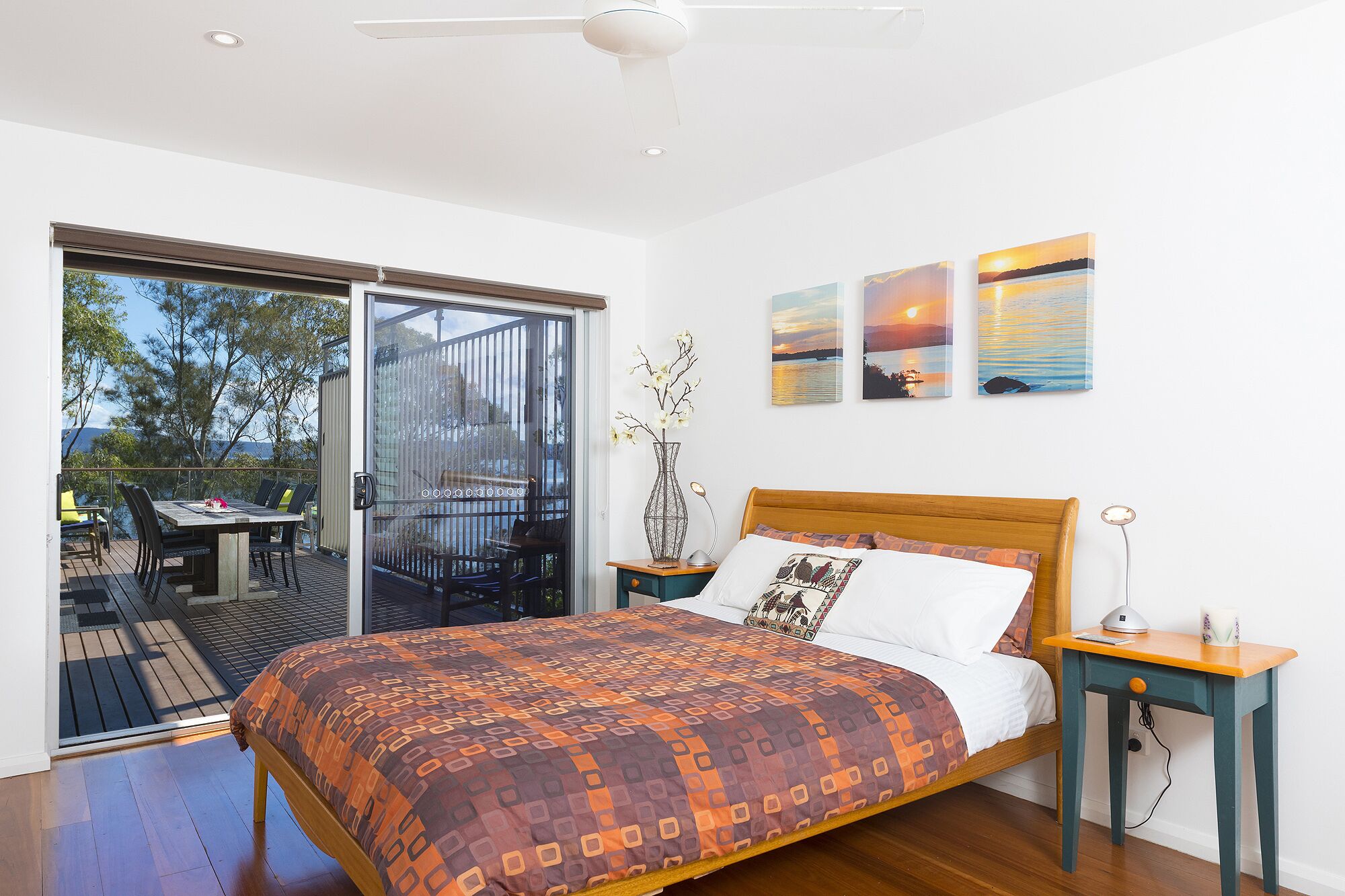 The master bedroom with its beautiful lake views. 