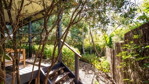 Un escalier en bois mène à un espace de repos abrité, entouré d’une végétation luxuriante.