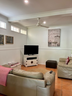 Smart TV, DVD player, video library, stereo