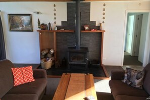 Kamin, DVD-Player, Tischtennisplatte, Bücher