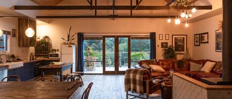 Älytelevisio, takka, DVD-soitin, kirjoja