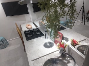 Réfrigérateur, micro-ondes, plaque de cuisson, cafetière/bouilloire