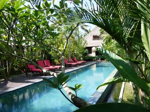 A pool surrounded by lush greenery and red lounge chairs. - Bali Harmony Villa Luxury Rice Field Views On Sale from $99! (Ubud)
