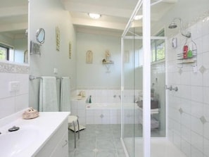 Hair dryer, towels, soap, toilet paper