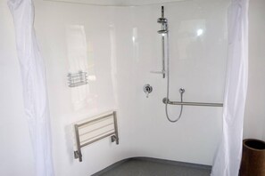 Regadera, secadora de cabello, toallas, jabón 