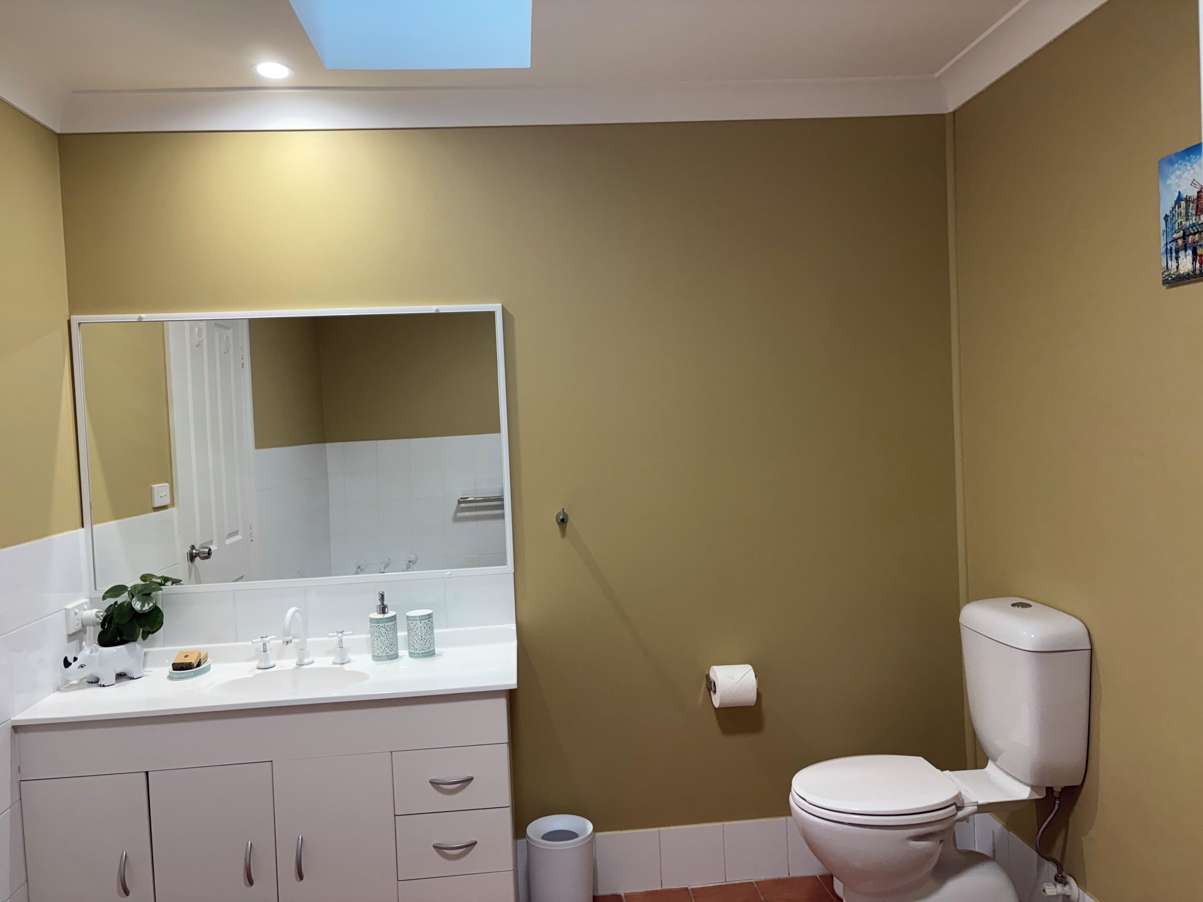 A bathroom with a white sink, mirror, and toilet. There is a towel hanging on the mirror, and a small plant on the sink.