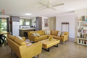 Smart TV, fireplace, DVD player, books