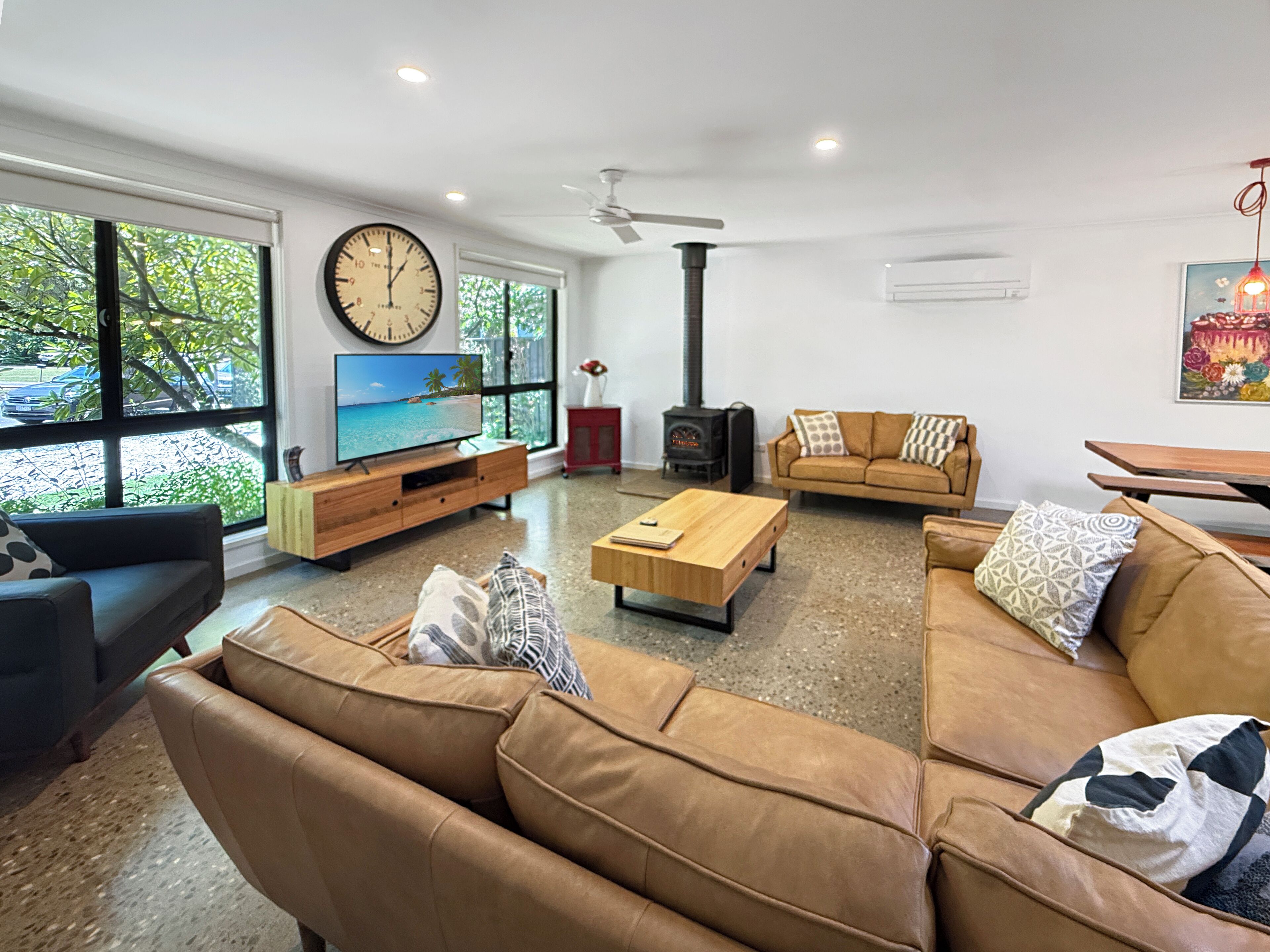 Älytelevisio, takka, DVD-soitin, kirjoja