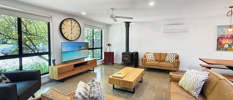 Smart-tv, pejs, dvd-afspiller, bøger