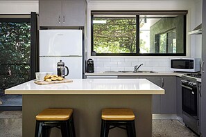 Full-sized fridge, microwave, oven, stovetop