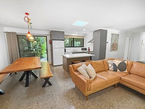 TV connectée, cheminée, lecteur de DVD, livres