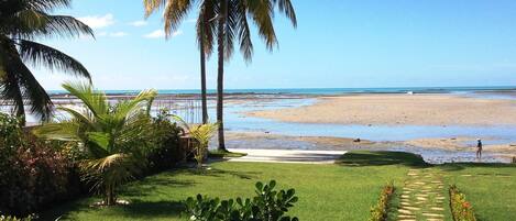 On the beach, sun-loungers