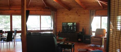 LCD TV, DVD player, books, video library