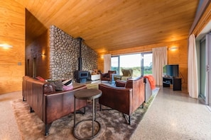 Smart TV, fireplace, DVD player, books