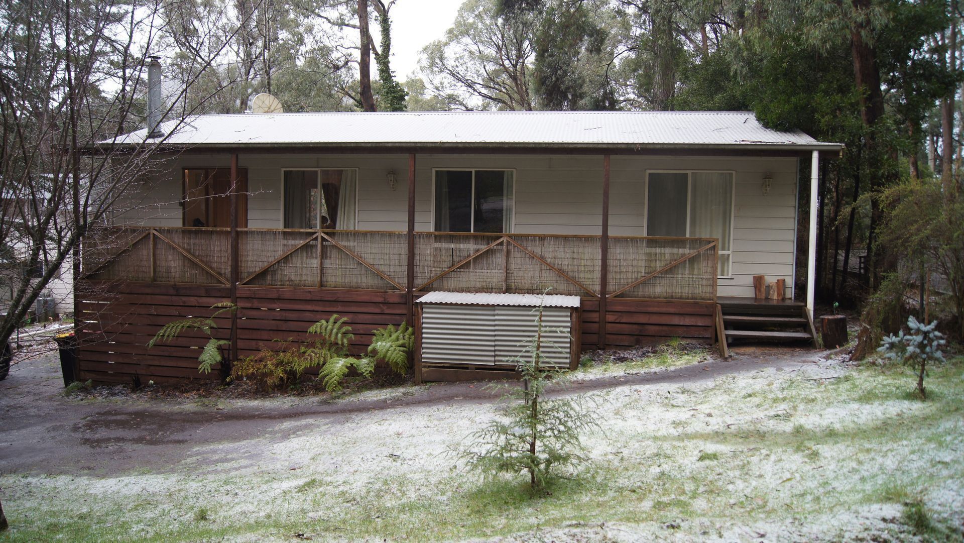 A single-story house with a porch, surrounded by trees.