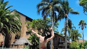 A person jumping into a swimming pool surrounded by palm trees and a building. - Reef Resort Apartments (Mona Vale)