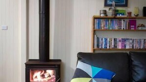 A living room with a black leather sofa, a colorful geometric pillow, a black wood-burning stove, and a bookshelf filled with books.