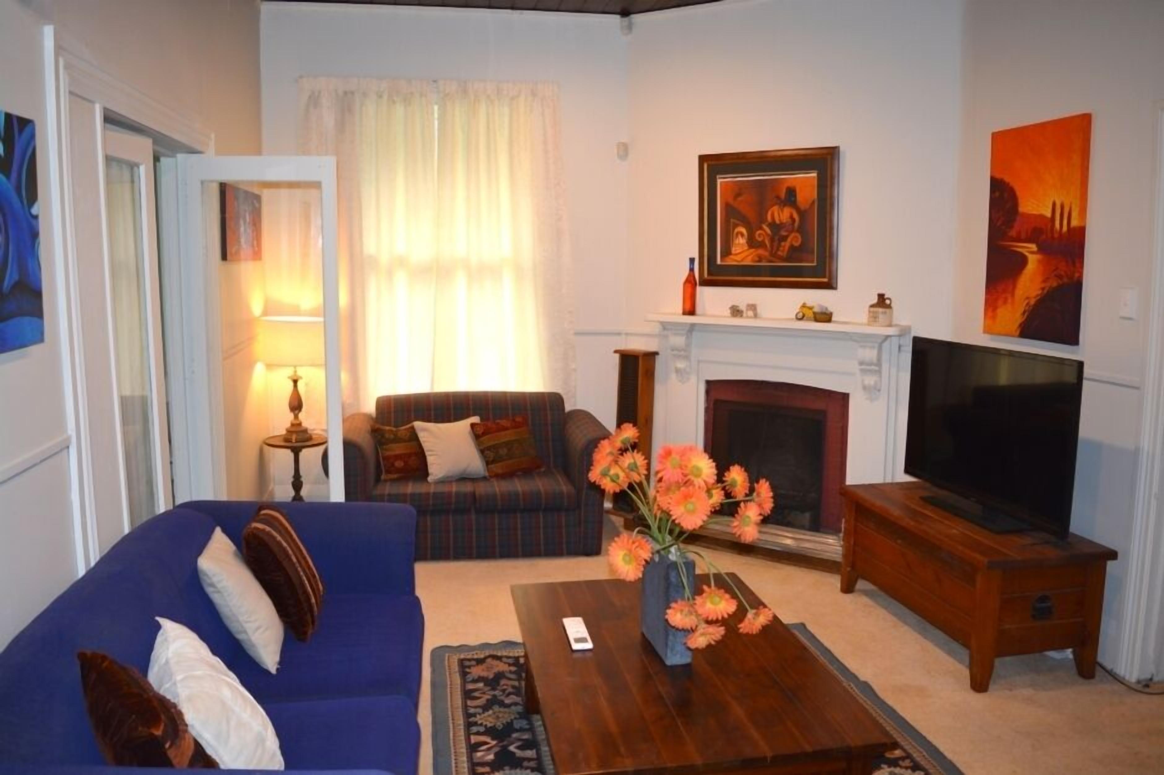 Smart-TV, DVD-spiller, bøker og stereoanlegg