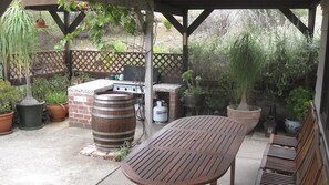 Une terrasse extérieure équipée d’un barbecue, d’un espace salon et de plantes en pot.
