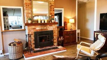 Smart TV, fireplace, DVD player, books