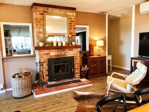 Smart TV, fireplace, DVD player, books