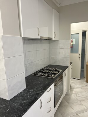 Fridge, microwave, oven, stovetop