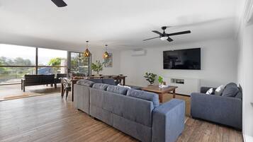 Smart TV, fireplace, DVD player, books