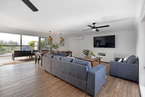 Una Smart TV, una chimenea, un reproductor de DVD, libros