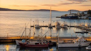 Una marina con barche ormeggiate, un molo e una costa in lontananza.