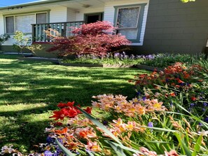 Une maison d’habitation avec une pelouse bien entretenue et une variété de fleurs colorées dans le jardin avant.
