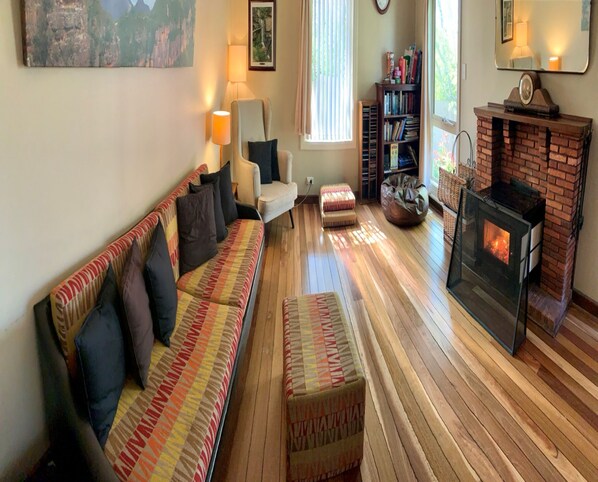 Älytelevisio, takka, DVD-soitin, kirjoja