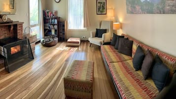 Smart TV, caminetto, lettore DVD, libri