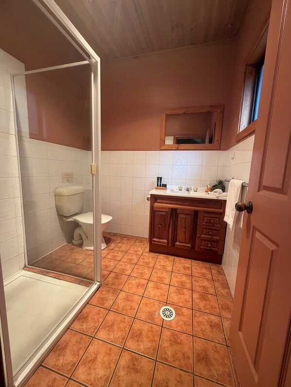 A bathroom with a shower, toilet, and vanity. - Romantic Bush Setting, Private Studio Cottage, Amazing View (Rosebrook)