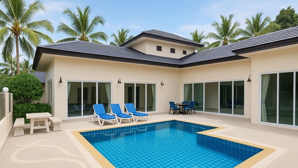 A modern house with a swimming pool, large windows, and a patio area. - Beautiful detached 5 bedroom, 4 bathroom Private Pool Villa, Kathu Phuket (Kathu)