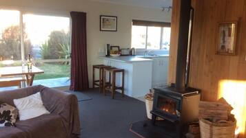 A cozy living room with a sofa, a fireplace, and a kitchen area with a window and a counter.